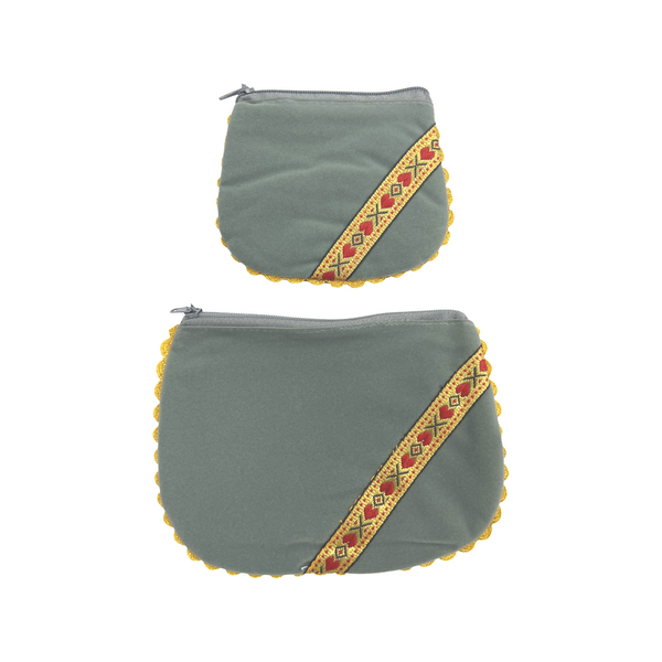 Heart-Trimmed Gray Zip Pouch